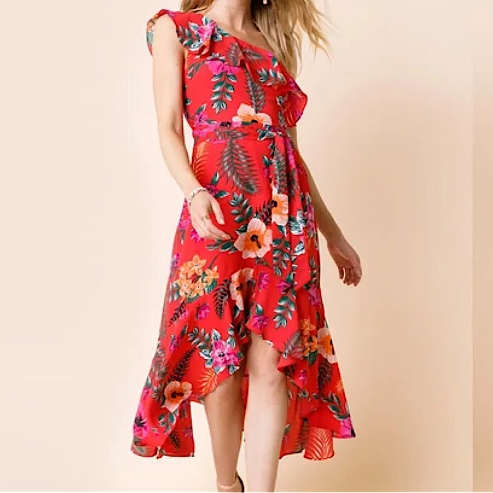 Francesca’s mi ami one shoulder high low Hawaiian floral print ruffle dress